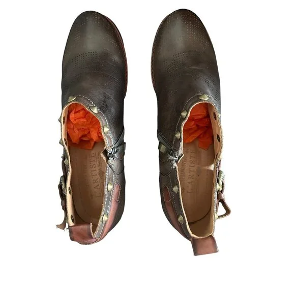 L'ARTISTE KACIE BROWN LEATHER STUDDED PUMP BLOCK HEEL & ZIPPER SIZE 41/10.5 - Picture 6 of 10